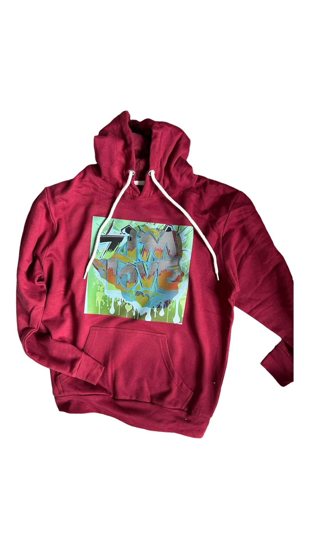 Red hoodie with green print